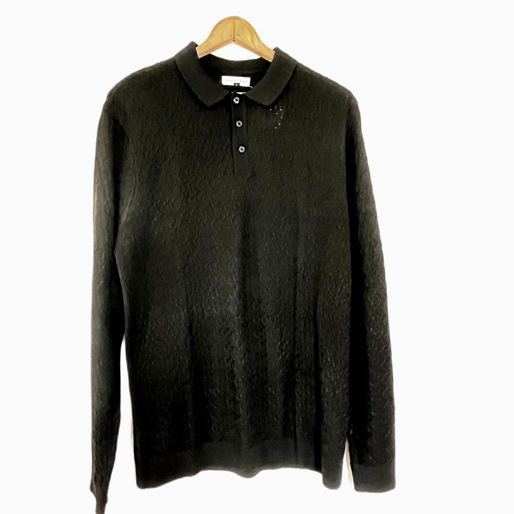 Geoffrey Beene Black Textured Polo Sweater Large NEW NWT Wool blend